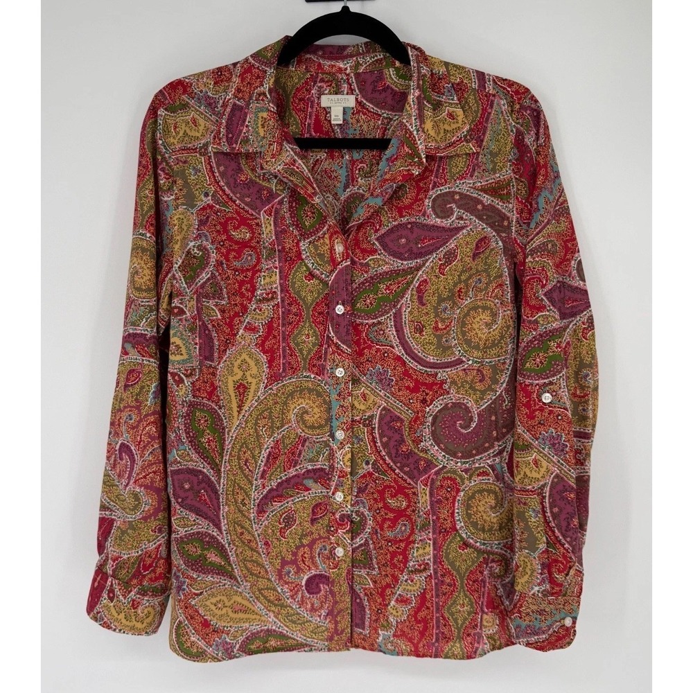 Talbots Petites Button Shirt Medium Boho Paisley Business Casual Hippie Dopamine